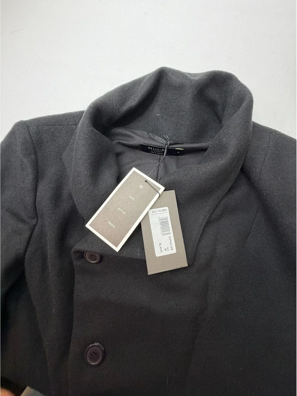 Religion Men's Pea Coat Single Breasted Solid Pocket Lined Long Size M Black NWT